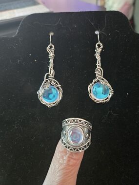 Silver Wire-Wrapped Earrings with Blue Glass Drops